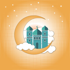 Islamic Mosque Building Background for Ramazan Kareem and Eid, Islamic crescent moon  