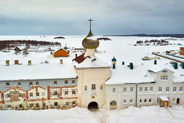 Obraz premium Solovki, Russia. Solovetsky Monastery. Winter on the Solovetsky Islands. Travel and tourism. Attractions, culture and religion