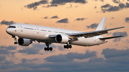 Fototapeta premium White jet plane landing, sunset clouds. Travel, stock photo