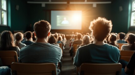 A motivated audience is seen from behind, focusing on a presentation that leads them to explore new horizons and inspire future endeavors in a creative space.