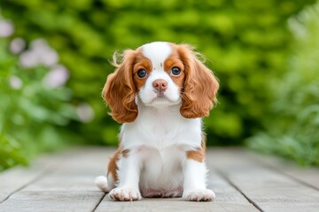 Adorable Cavalier King Charles Spaniel Puppy - Cute Cavalier King Charles Spaniel puppy sitting outdoors on a wooden surface, looking directly at the camera.  Green blurred background.