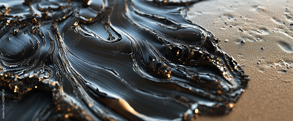 Poster close-up of black liquid flowing on sandy surface, showcasing smooth, glossy textures and intricate 