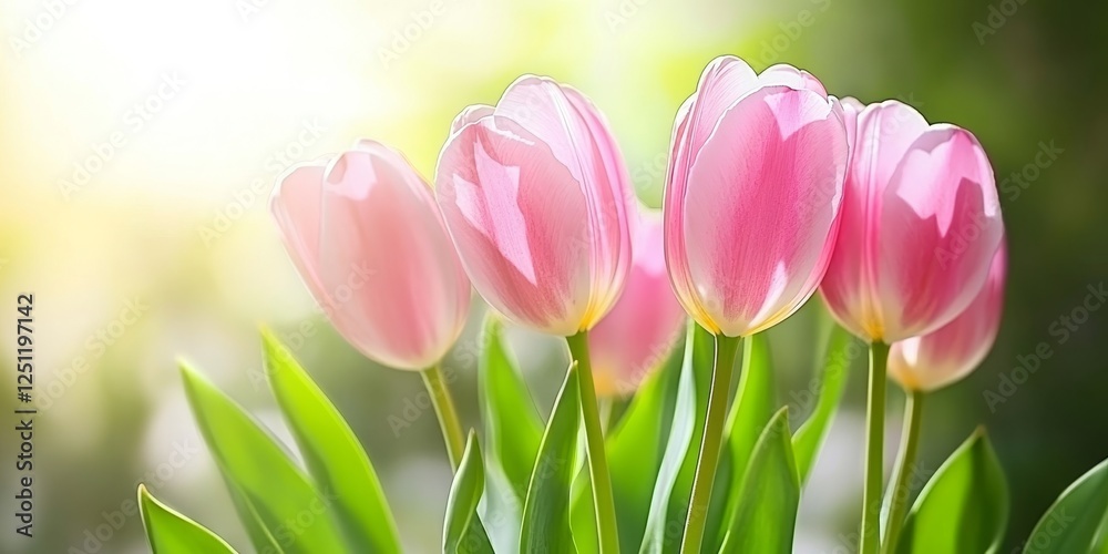 Sticker Vibrant Pink Tulips in Bloom, Soft Focus Background, Bright Natural Daylight, Spring Flowers