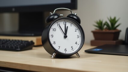 Naklejka premium A black flip clock showing 10:10 on a desk with a computer and plants in the background.