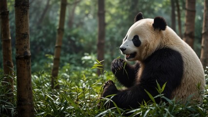 Obraz premium Giant panda eating bamboo in a forest surrounded by lush vegetation and trees in its natural habitat.