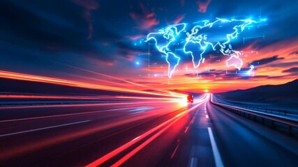 Cargo truck on the road with digital world map - Powered by Adobe