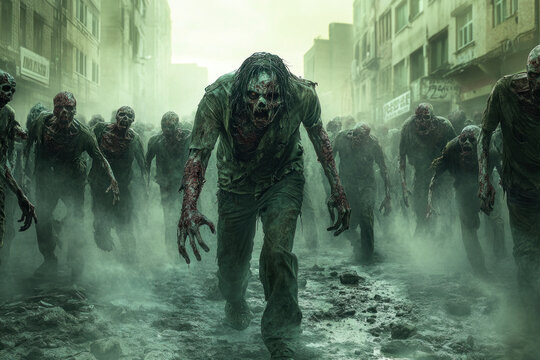 Walking dead zombies in abandoned city streets, wreckage in background, eerie atmosphere.