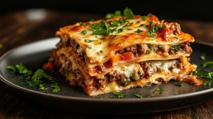 This inviting plate of classic meat lasagna features layers of beef, cheese, and tomato sauce, creating a hearty meal that is sure to satisfy your appetite for comfort food.