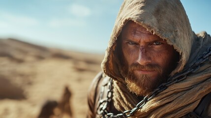 A rugged man with a powerful gaze, cloaked in a weathered shawl and chains, captures the essence of resilience and survival against a harsh desert backdrop.