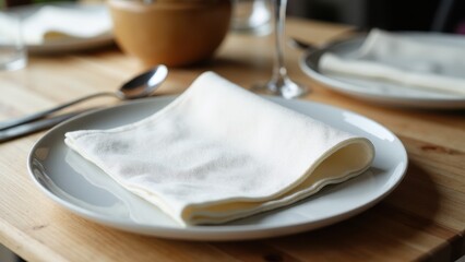 A neatly folded linen napkin placed on a white plate, set on a wooden table with cutlery and a glass in the background.