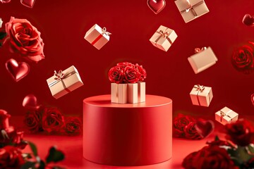 A podium for product presentation on a red background with roses and hearts floating around, a gift box with a ribbon wrapped around it lying next to the stand, a Valentine's Day theme,