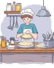 In a cozy flat illustration, a baker is seen kneading dough on a wooden counter, with baking ingredients surrounding them in a warm and inviting setting.