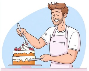 A baker carefully decorating a cake with fresh berries and cream, drawn in a delicate and appetizing flat design.