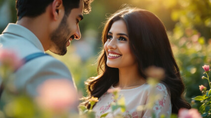 Fototapeta premium Young hispanic couple smiling in sunlit garden of blooming flowers. The 14th of February. Happy Valentine's Day