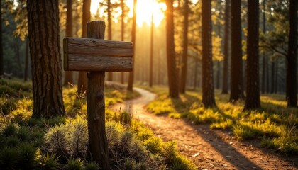 Naklejka premium Wooden signpost in sunlit forest, warm glow with winding path, serene nature atmosphere, copy space 