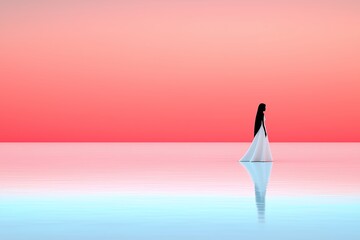 Person In White Dress At Pink Sunset, Pixel Art
