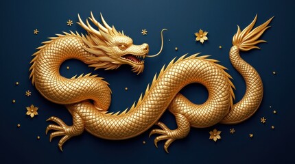 Fototapeta premium Magnificent Golden Dragon-Snake Hybrid Curled on Deep Navy Blue