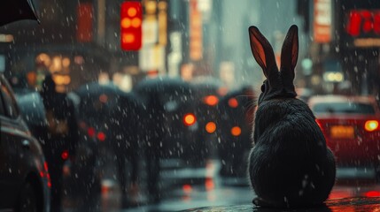 Rabbit in the middle of a busy city street