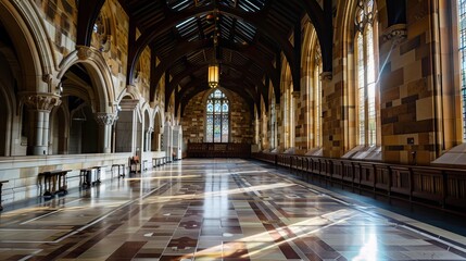 Expansive school corridor showcasing contemporary furniture in a modern educational building interior