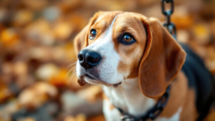 Adorable beagle with leash in autumn leaves