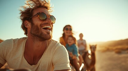 A smiling man enjoys a camel ride alongside his family during a sunset, capturing an adventurous moment filled with laughter and warmth against a backdrop of golden light.