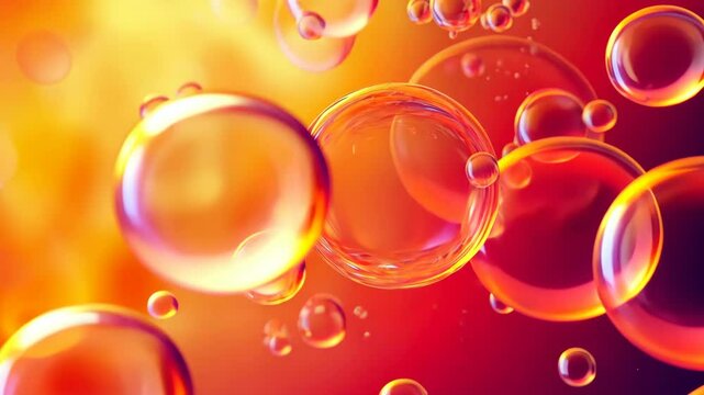 Close up of many small red bubbles in a yellowish orange background. The bubbles are all different sizes and are scattered throughout the image. Scene is playful and whimsical