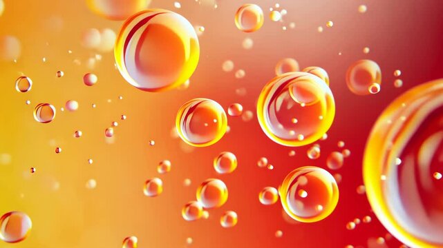 Close up of many small orange bubbles. The bubbles are floating in the air and are scattered throughout the image. Scene is playful and lighthearted