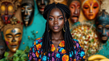 Obraz premium African young woman in colorful dress surrounded by traditional masks and art