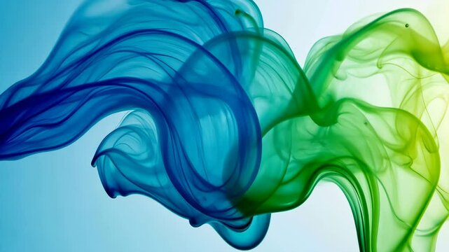 Blue and green smokey line with a white background. The blue and green colors are contrasting and the white background makes the colors stand out. The image has a dreamy and ethereal feel to it