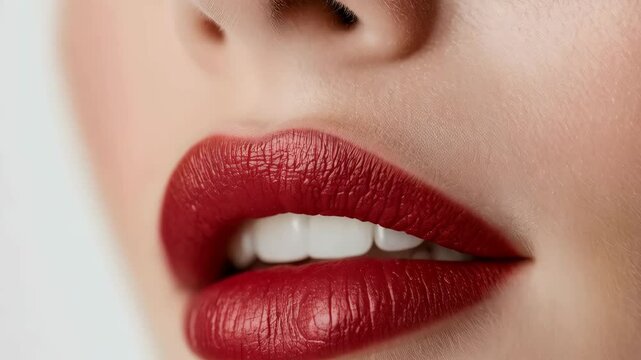 Sensual red woman lips with smooth skin and white teeth. Beauty product Valentine's Day, beauty industry, makeup tutorial. Cosmetic commercial skincare product