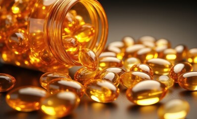 Golden gelatin capsules spilling from a jar