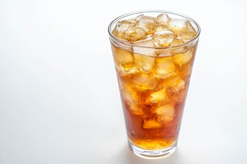 Iced green tea latte in a glass on white background.