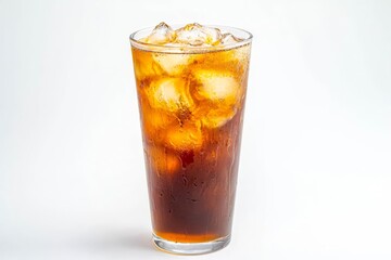 Iced green tea latte in a glass on white background.