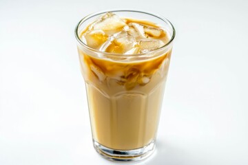 Iced green tea latte in a glass on white background.