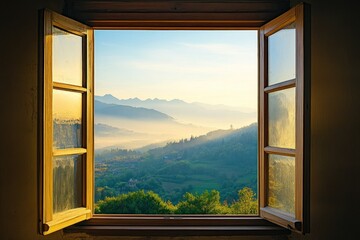 Fototapeta premium Scenic View of Mountains and Valley from Open Window during Sunrise with Warm Light