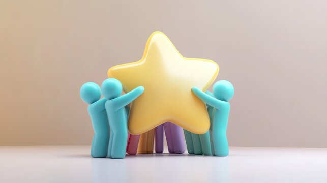 teamwork and unity collaboration 3D concept. Colorful figurines supporting a large star icon.