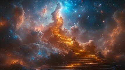 Naklejka premium Celestial Staircase Cosmic Cloudscape, Glowing Path to Heaven, Fantasy Artwork
