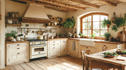Rustic kitchen interior with wooden furniture, plants, and window view