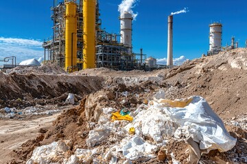 Obraz premium Pollution on land: Chemicals and waste. Industrial site with yellow towers and waste materials in foreground.