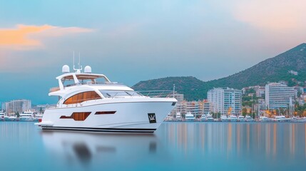 Luxury Yacht at Sunset Harbor - Elegant yacht at sunset, symbolizing luxury, travel, freedom, success, and relaxation.
