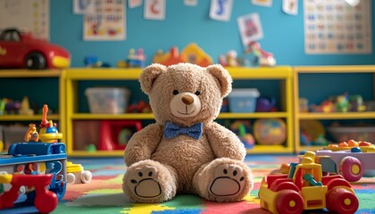 Adorable teddy bear sitting in a colorful playroom surrounded by toys