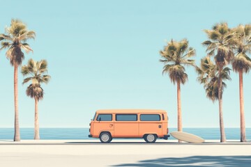 Vintage Orange Van by the Beach with Palm Trees and Surfboard on a Sunny Day
