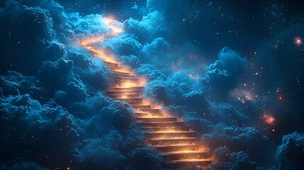 Obraz premium Glowing Staircase to Heaven, Night Sky, Clouds, Hope, Spirituality, Fantasy