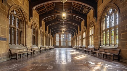 Fototapeta premium Expansive school corridor showcasing contemporary furniture in a modern educational building interior