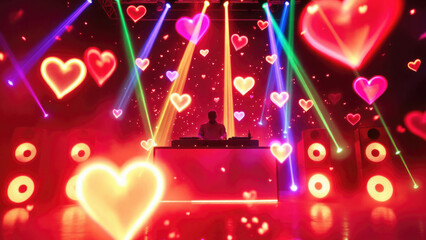 Vibrant dj performance with colorful heart lights and laser effects. The 14th of February. Happy Valentine's Day
