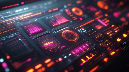 Obraz premium Futuristic data dashboard displays graphs, charts, and metrics; cybersecurity background