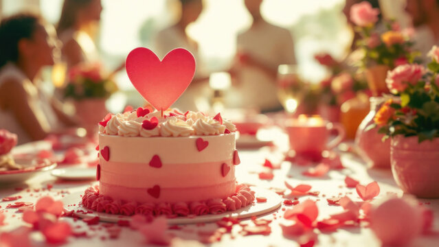 Romantic celebration cake with heart decoration at pink-themed party gathering. The 14th of February. Happy Valentine's Day