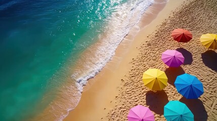 Naklejka premium Colorful beach umbrellas, ocean waves, aerial view, summer vacation