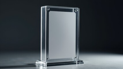 A clear acrylic display case for showcasing a trading card, with a sleek and modern design.