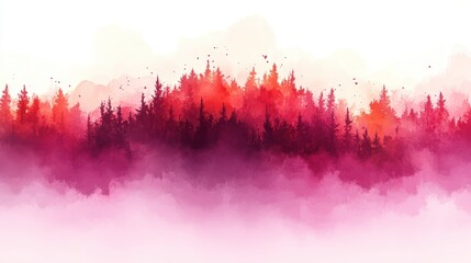 Misty autumn forest landscape, sunrise/sunset, nature background